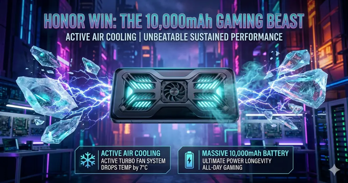 Honor Win Review: The 10,000mAh Gaming Beast with Active Air Cooling 1 The Honor Win gaming smartphone featuring a massive battery and active internal cooling fan technology.