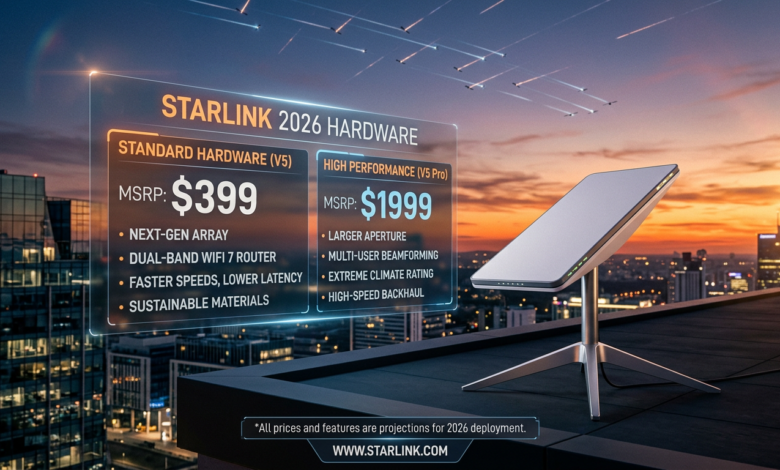 Starlink 2026 hardware pricing and features for Standard V5 and High Performance V5 Pro