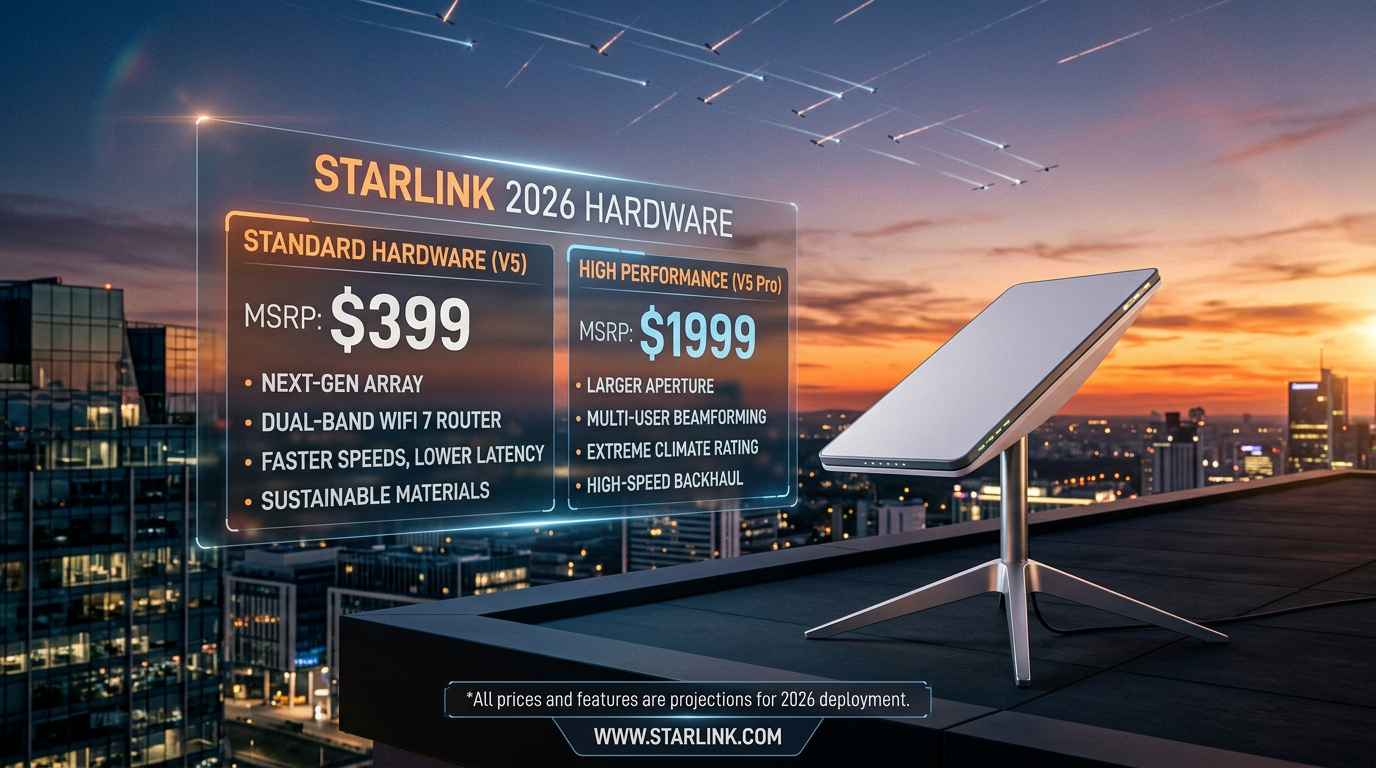 Starlink 2026 hardware pricing and features for Standard V5 and High Performance V5 Pro
