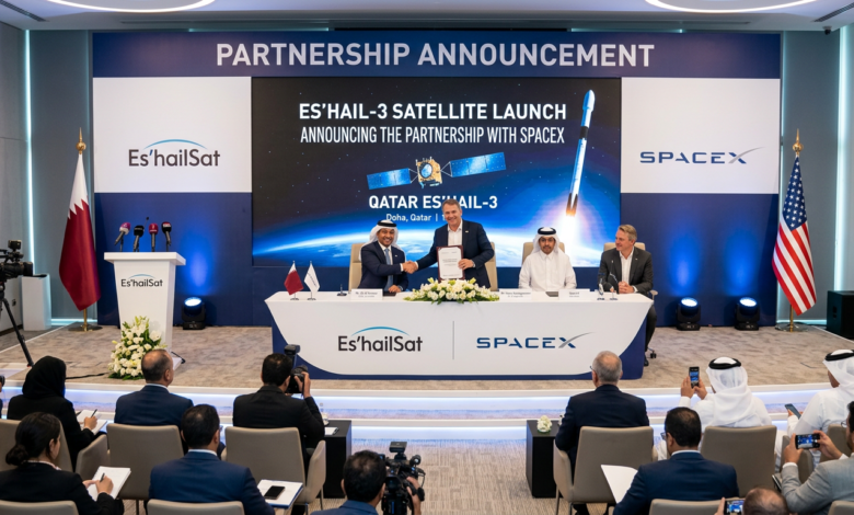 Qatar Bets Big on Space Connectivity With $347 Million Es'hail-3 Satellite Partnership 1 Es’hailSat and SpaceX representatives shaking hands at a partnership announcement event for the ES’Hail-3 satellite launch