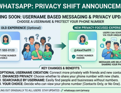 WhatsApp Usernames Are Rolling Out, Marking the Biggest Privacy Shift in the App's History 2 WhatsApp privacy update showing transition from phone number to username-based messaging with hidden number