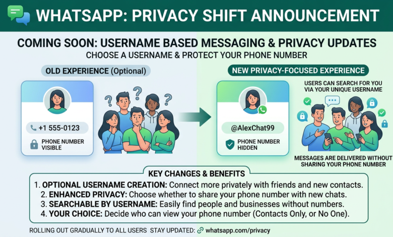WhatsApp Usernames Are Rolling Out, Marking the Biggest Privacy Shift in the App's History 1 WhatsApp privacy update showing transition from phone number to username-based messaging with hidden number
