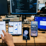 Multiple Samsung devices displaying One UI 9 interface during software testing