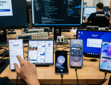 Samsung Expands One UI 9 Testing to More Than 25 Galaxy Devices Ahead of Android 17 Rollout 1 Multiple Samsung devices displaying One UI 9 interface during software testing