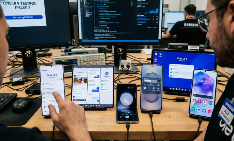 Multiple Samsung devices displaying One UI 9 interface during software testing