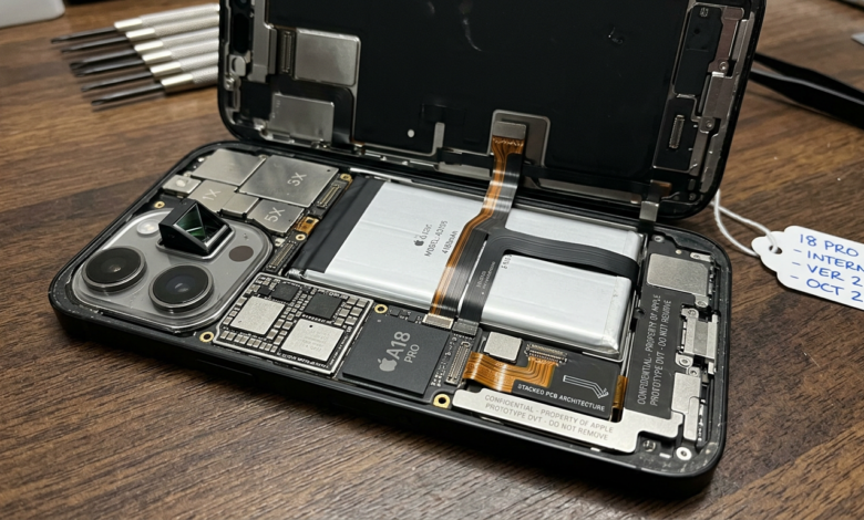 Open Apple iPhone 18 Pro prototype showing internal battery, A18 Pro chip, and camera system
