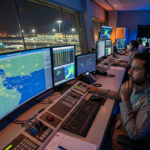 Air traffic controllers at a control center monitoring Oman FIR live air traffic and weather radar screens at night
