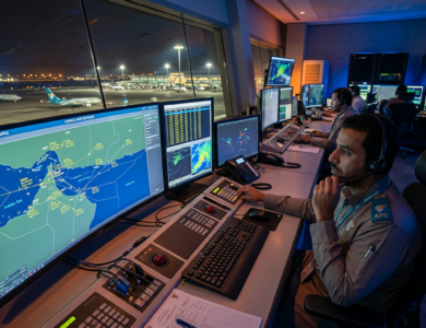 Oman air traffic radar system Deal Signed Between Thales and Ankaa for Advanced Surveillance Network 8 Air traffic controllers at a control center monitoring Oman FIR live air traffic and weather radar screens at night