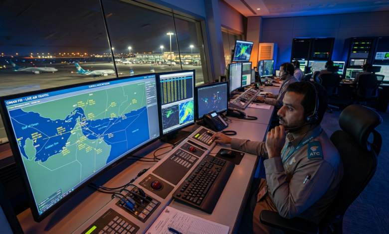 Oman air traffic radar system Deal Signed Between Thales and Ankaa for Advanced Surveillance Network 1 Air traffic controllers at a control center monitoring Oman FIR live air traffic and weather radar screens at night