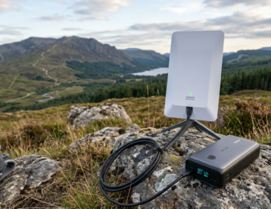 USB-C to DC Power Cables for Starlink Mini: The Essential 100W Off-Grid Power Upgrade 2026 Guide 7 Portable satellite internet device connected to a battery pack on rocks outdoors