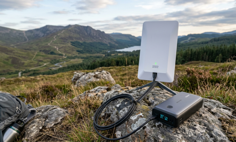 USB-C to DC Power Cables for Starlink Mini: The Essential 100W Off-Grid Power Upgrade 2026 Guide 1 Portable satellite internet device connected to a battery pack on rocks outdoors